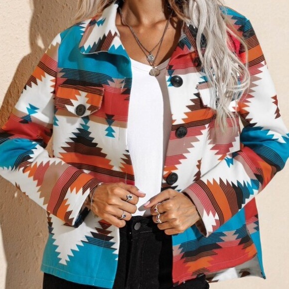 Geo Print Single Breasted Jacket shein Aztec flannel XS western coat​ country​​ - Picture 2 of 11